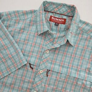 Simms Fishing Products Mens Small Teal Orange Plaid Vented Fishing Shirt